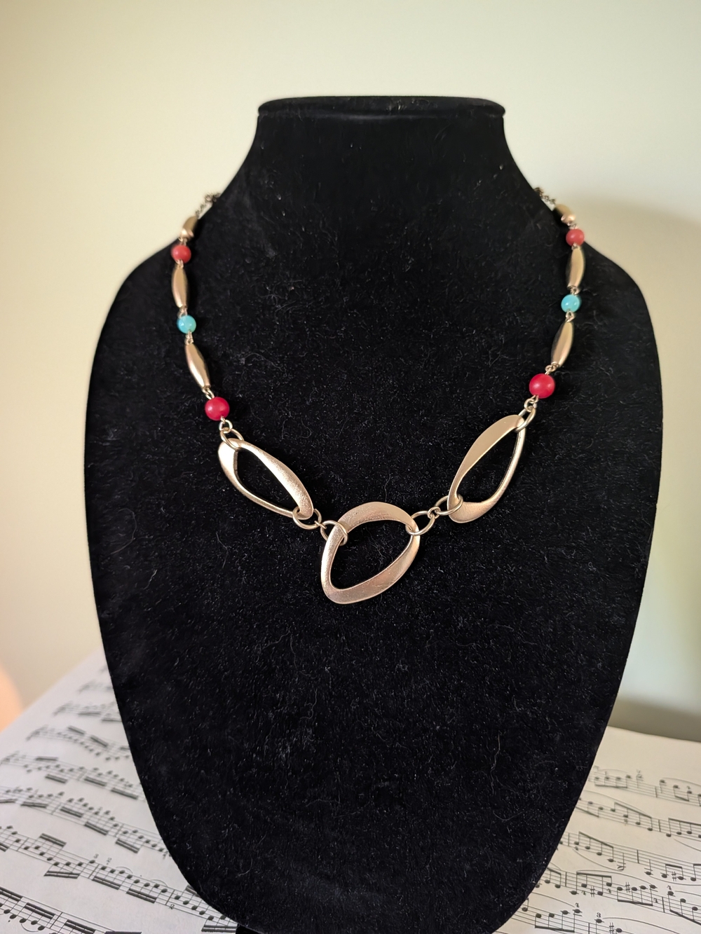 Gold-Tone Link Necklace with Red and Turquoise Beads - Women Jewelry